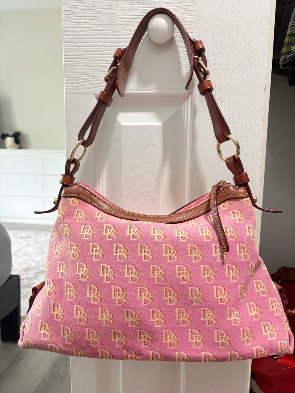 Dooney & Bourke Pink Logo Hobo with Brown Leather Trim - Picture 2 of 9